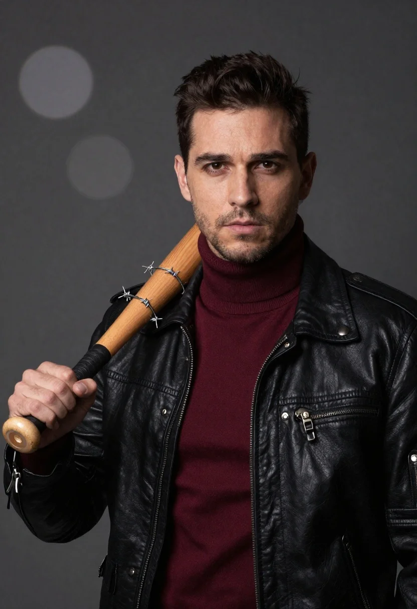 Man in black leather jacket with wooden bat