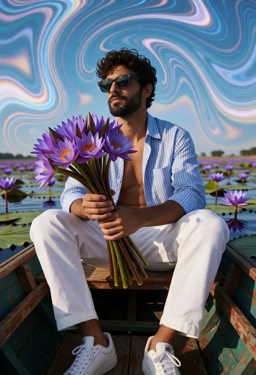 Man in wooden boat holding purple lilies against surreal swirling sky - AI generated image prompt sample