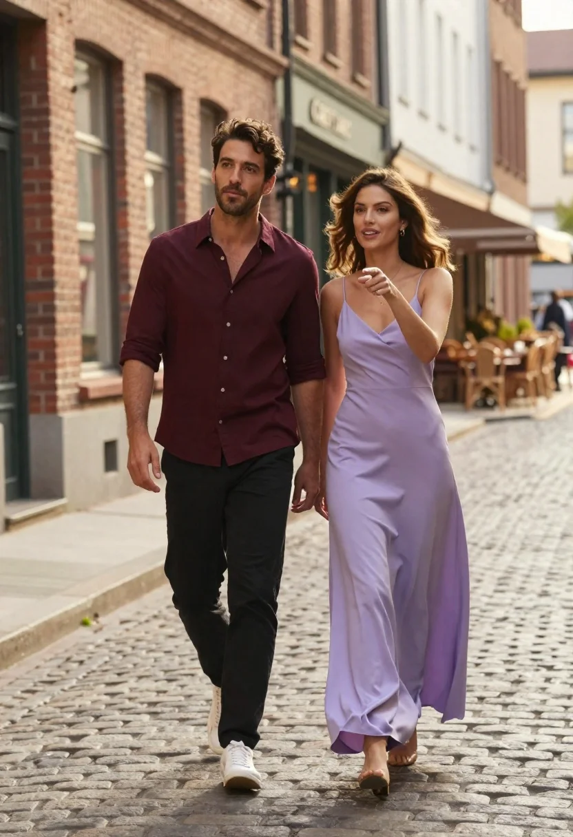 Stylish couple walking on a cobblestone city street during golden hour - AI generated image prompt sample