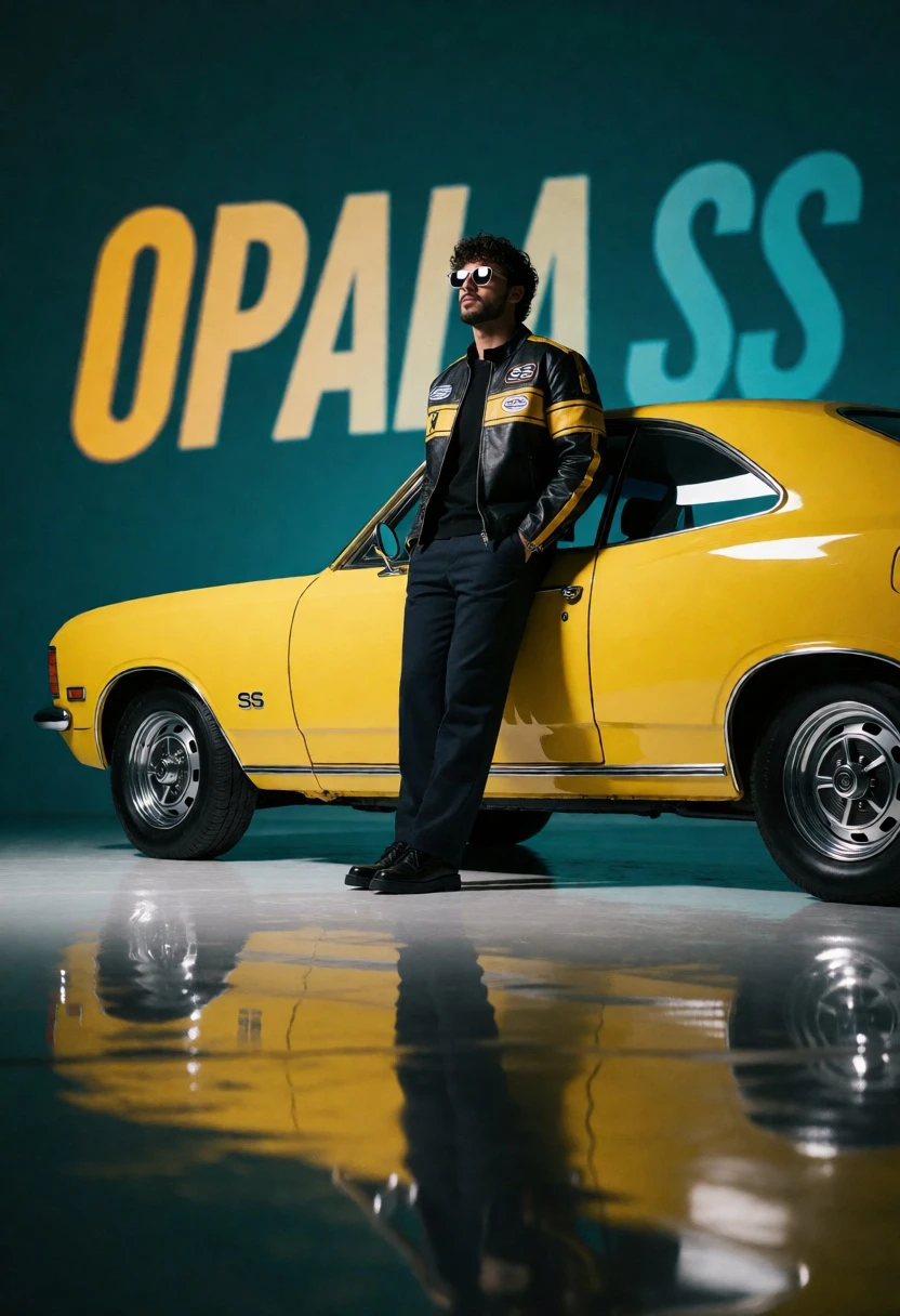 Man leaning against bright yellow 1974 chevrolet opala ss muscle car - AI generated image prompt sample