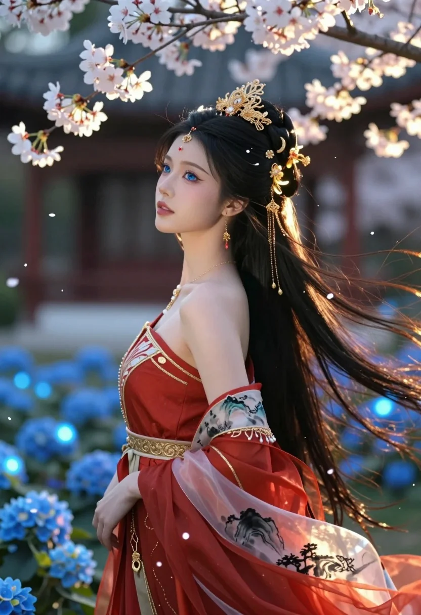 Young woman in red dress amidst magical cherry blossoms and blue flowers - AI generated image prompt sample