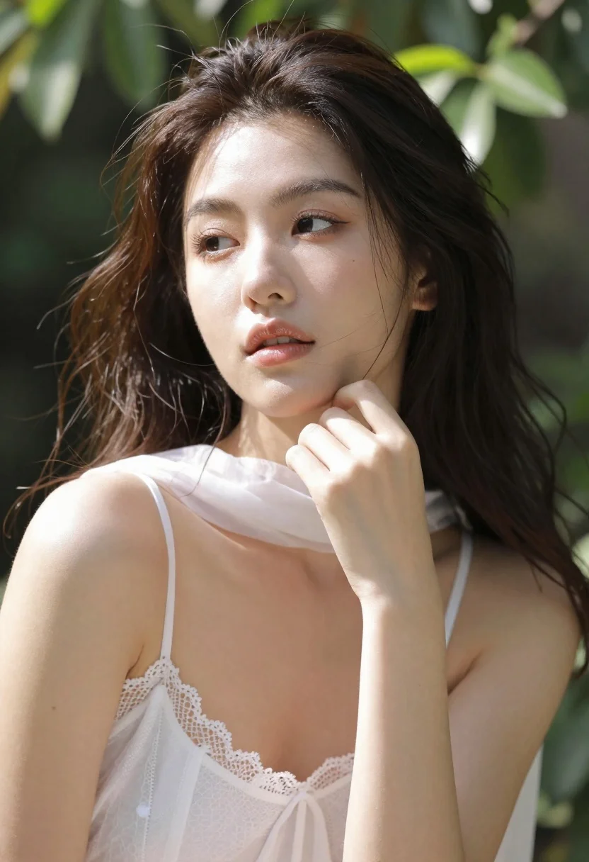 Close up portrait of young woman with dark hair in garden setting