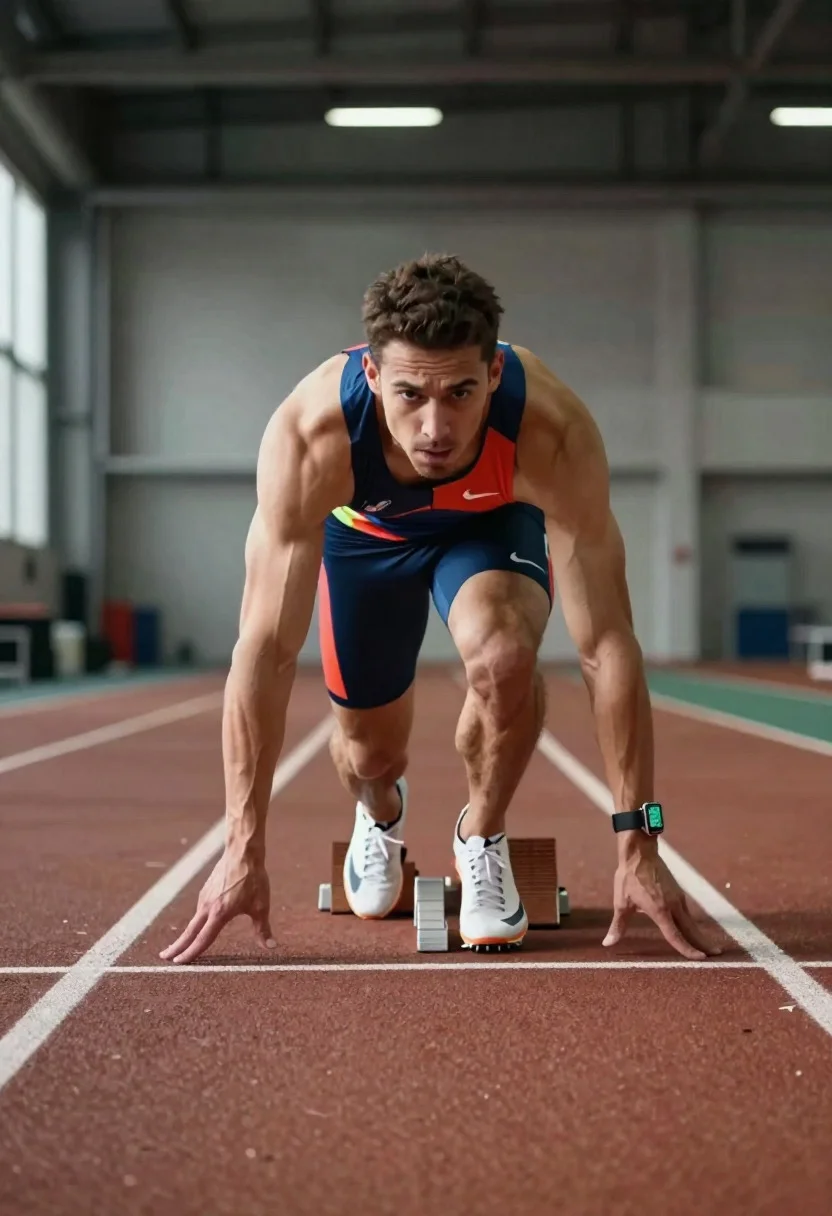 Elite male sprinter launching from starting blocks on indoor track
