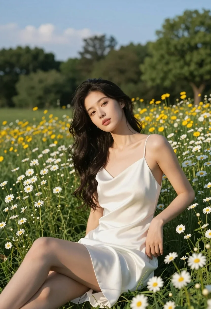 Young woman in white slip dress sitting in sunlit meadow with wildflowers - AI generated image prompt sample