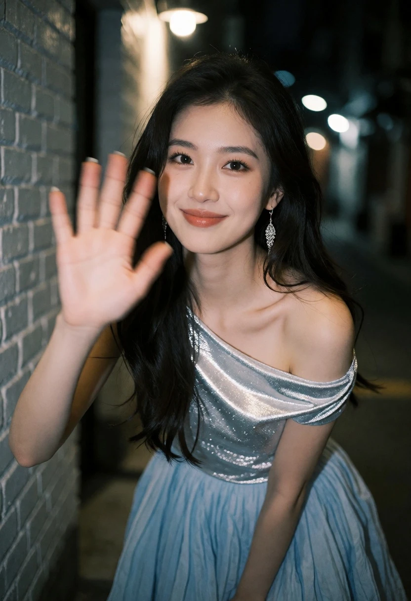 Young woman waving in a dimly lit urban alleyway at night - AI generated image prompt sample