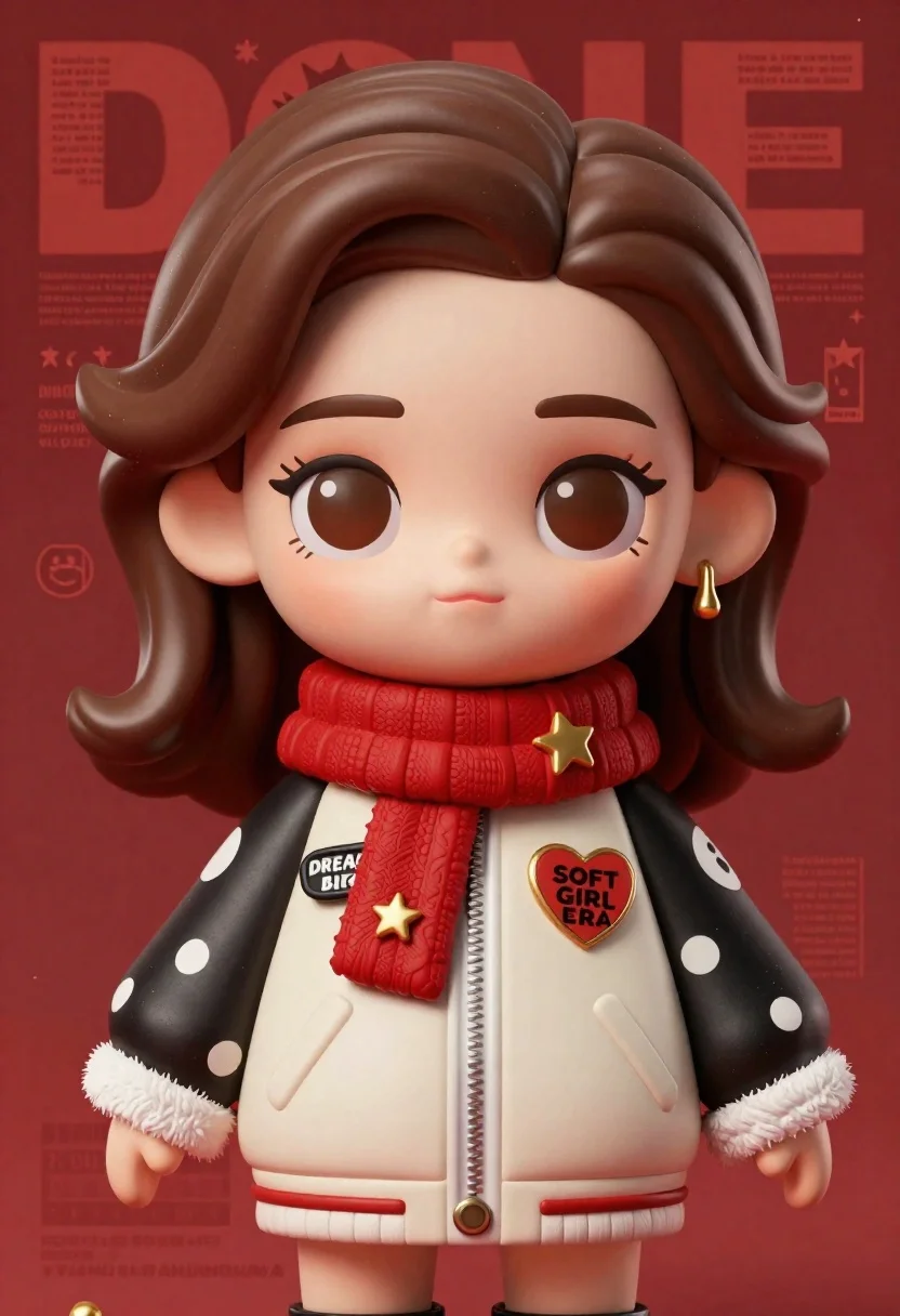Closeup portrait of stylized female art doll figure with brown hair - AI generated image prompt sample