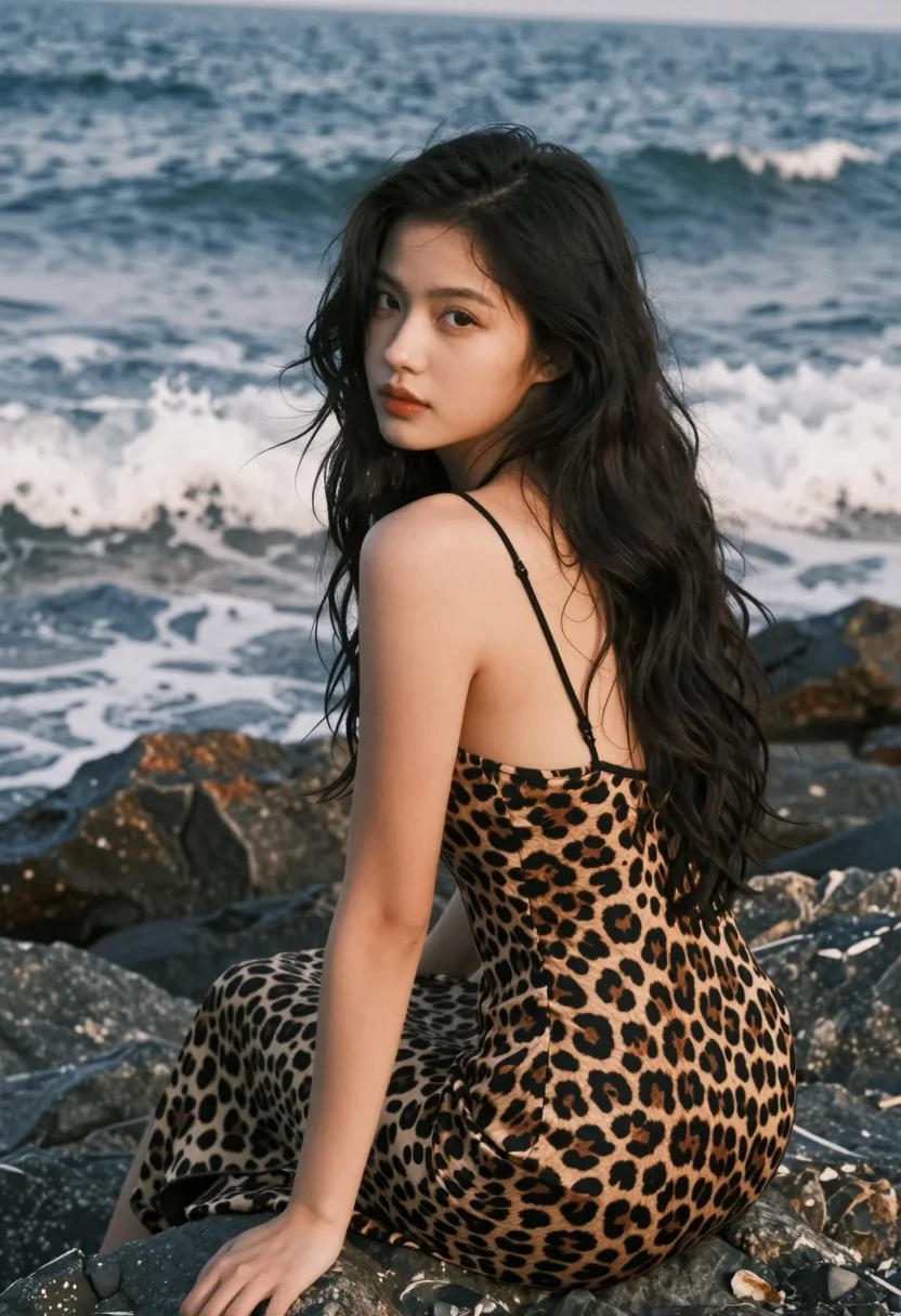 Young woman in leopard slip dress seated on rocky shore overlooking ocean - AI generated image prompt sample