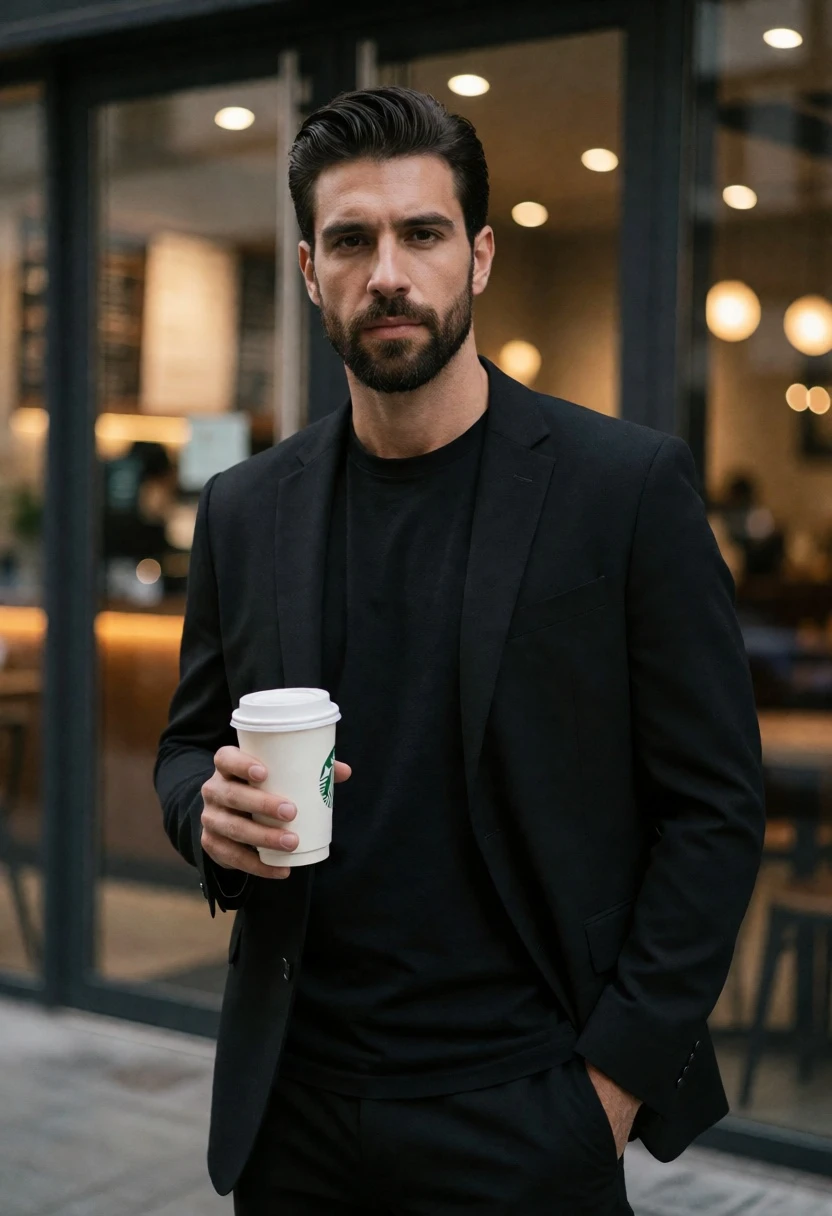 Handsome man in black blazer standing outside cafe with coffee cup - AI generated image prompt sample