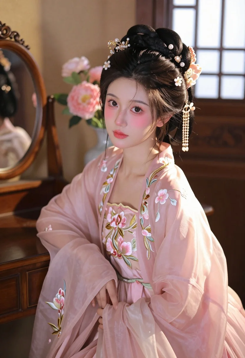 Young woman in pink hanfu gown seated near ornate vanity window - AI generated image prompt sample