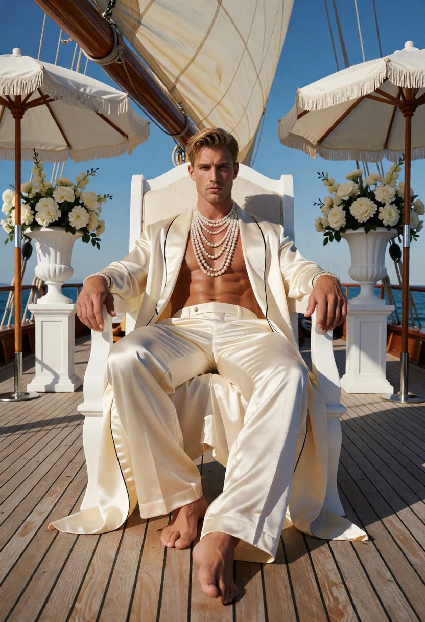 Muscular man on white throne aboard sailboat under bright sunlight - AI generated image prompt sample