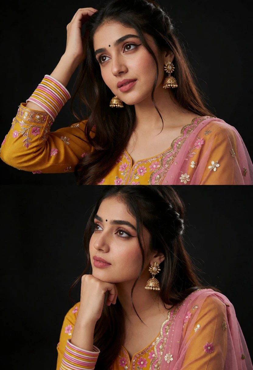 Young woman in mustard yellow traditional indian attire studio portrait - AI generated image prompt sample