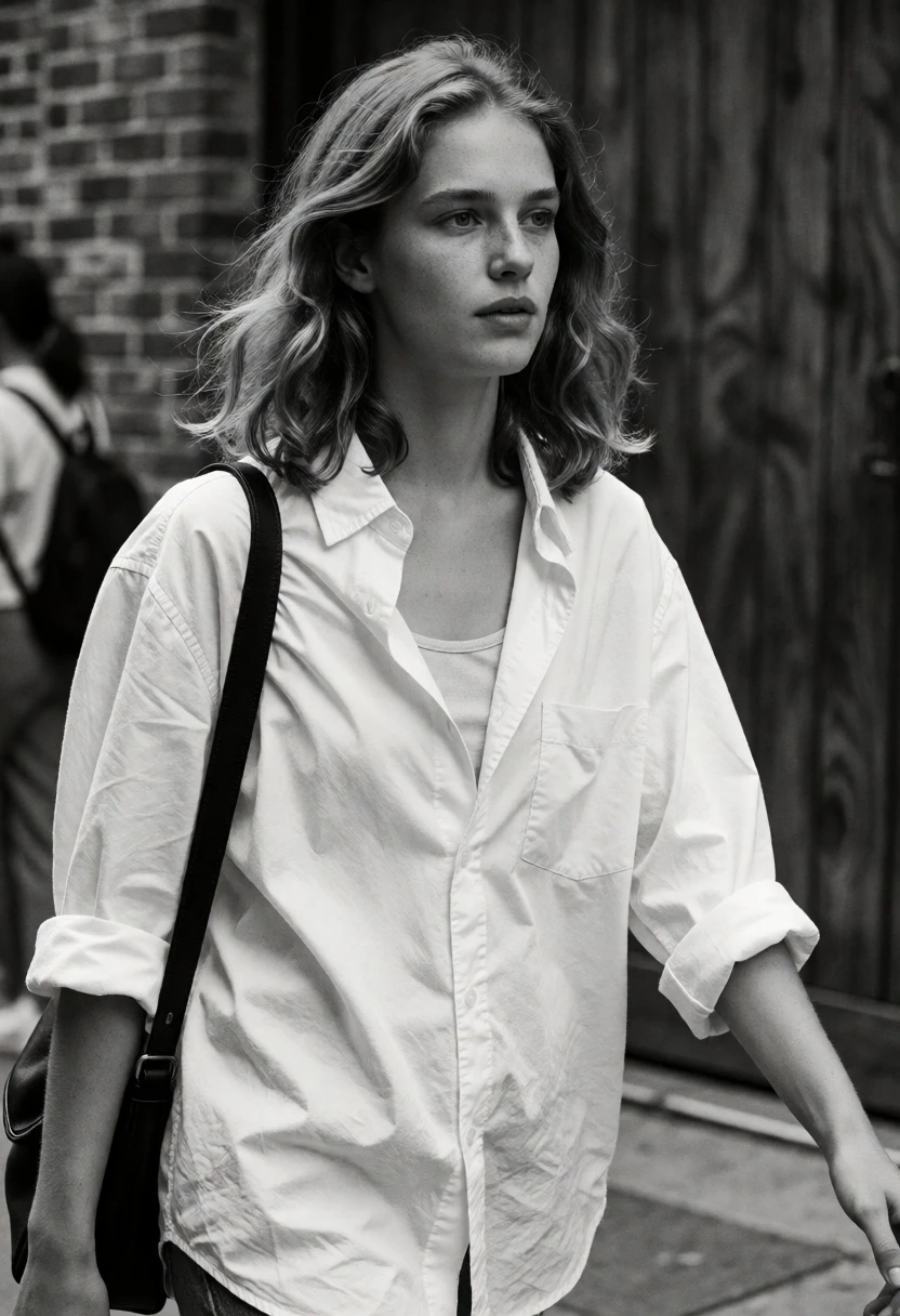 Candid black and white street photograph of a woman walking past brick - AI generated image prompt sample