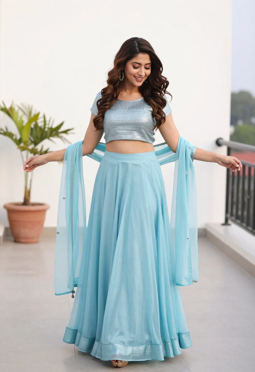Smiling woman in light blue ensemble on an outdoor tiled rooftop terrace