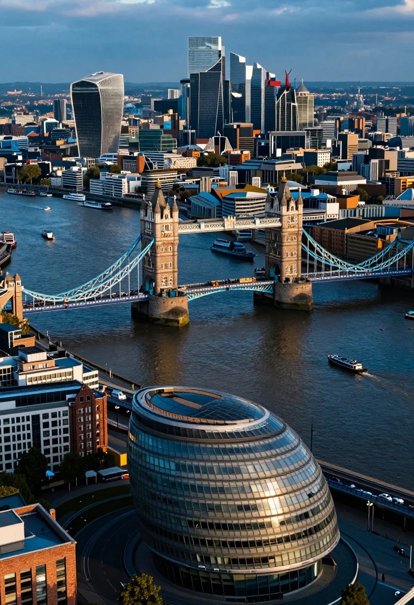 Aerial view of london twilight showing tower bridge city hall and canary - AI generated image prompt sample