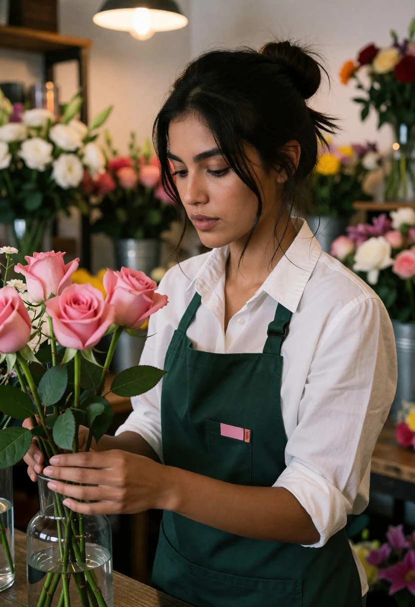 Woman arranging pink roses in a flower shop setting with soft lighting - AI generated image prompt sample