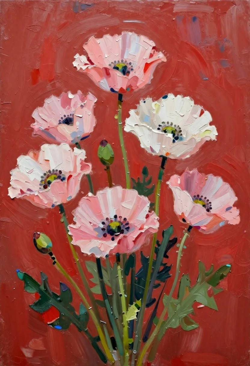 Oil painting of pink poppies on red background - AI generated image prompt sample