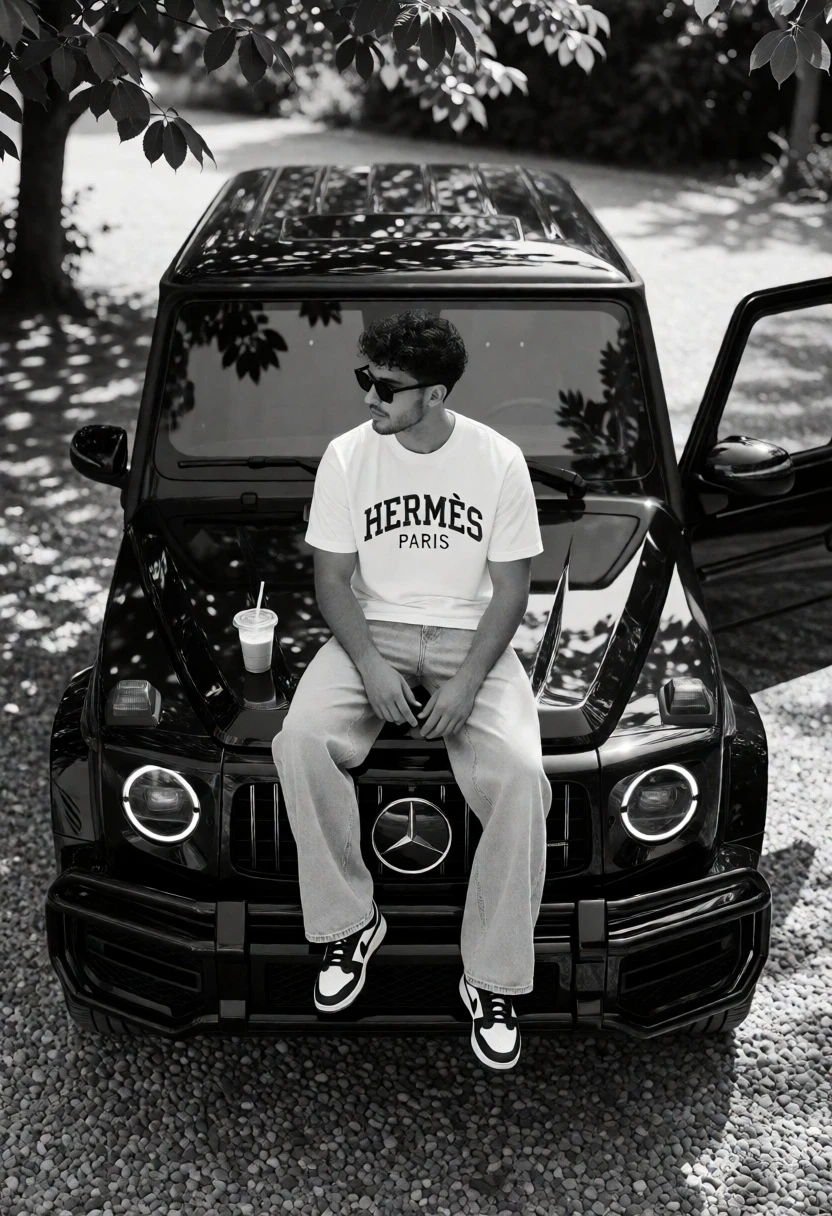 Man sitting on black suv hood under trees in monochrome photograph - AI generated image prompt sample