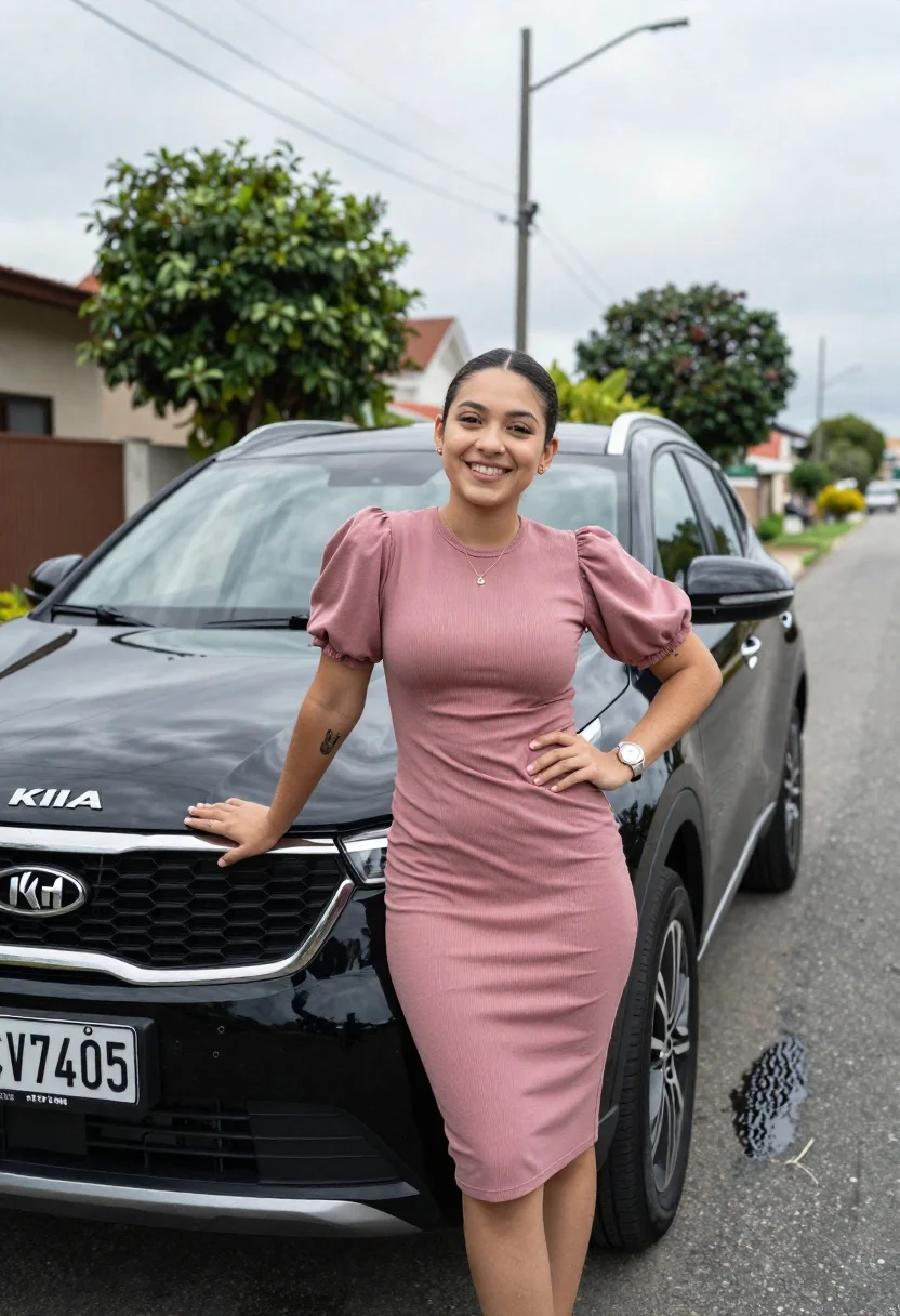 Smiling young woman leaning on black suv parked on paved street