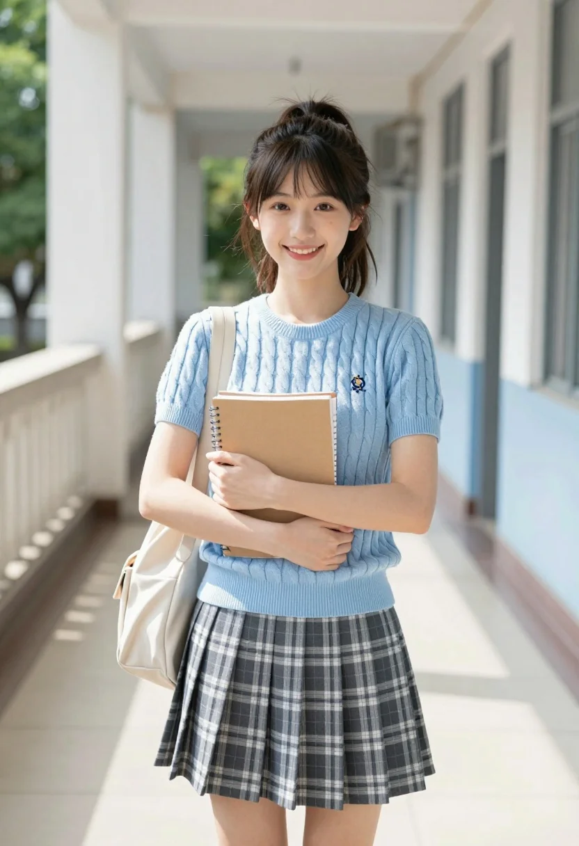 Cheerful young east asian student smiling on school walkway with notebooks - AI generated image prompt sample