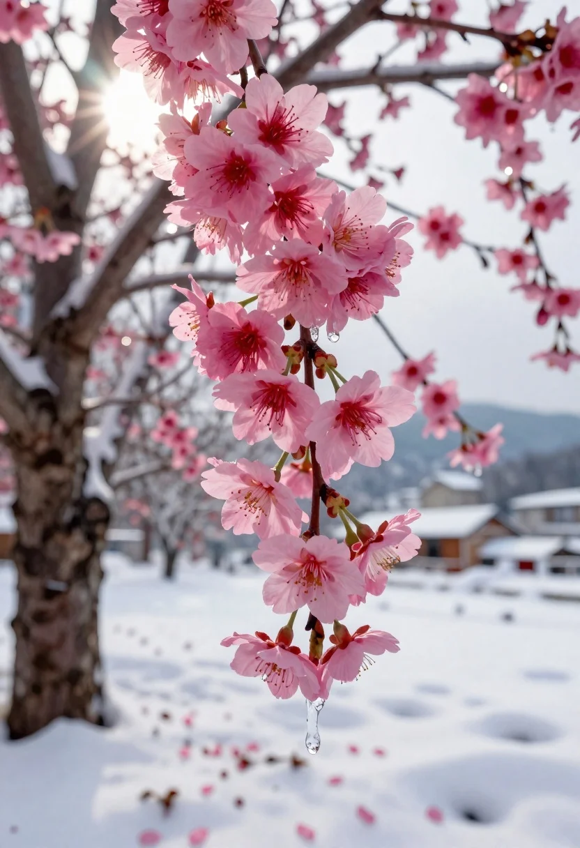 Pink cherry blossoms with icicles in winter snow