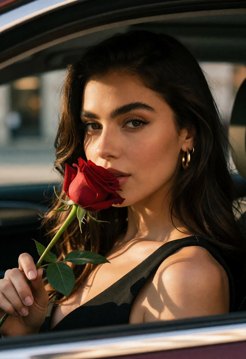 Closeup portrait of woman with dark hair holding red rose inside car - AI generated image prompt sample