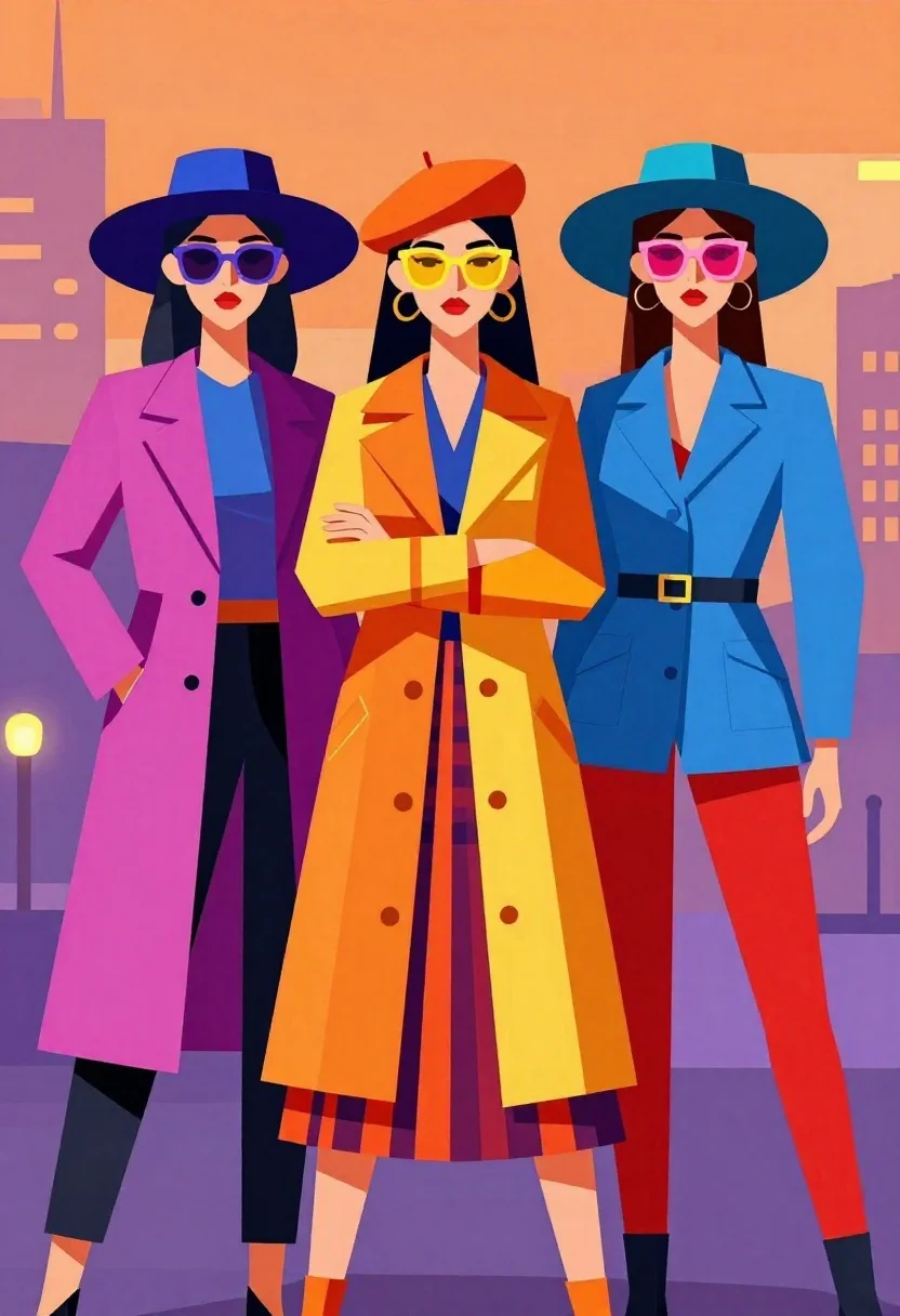 Three stylish women in colorful geometric fashion portrait - AI generated image prompt sample