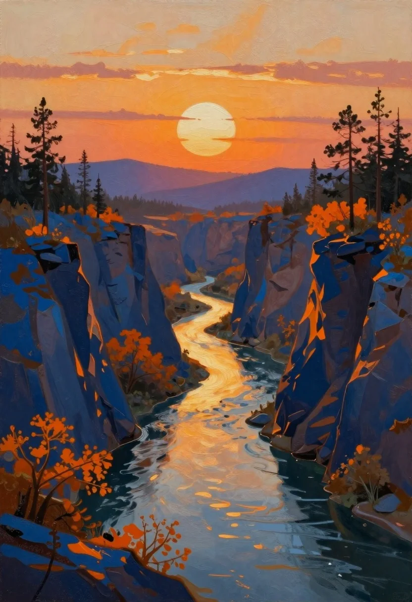 Oil painting of a river canyon at sunset