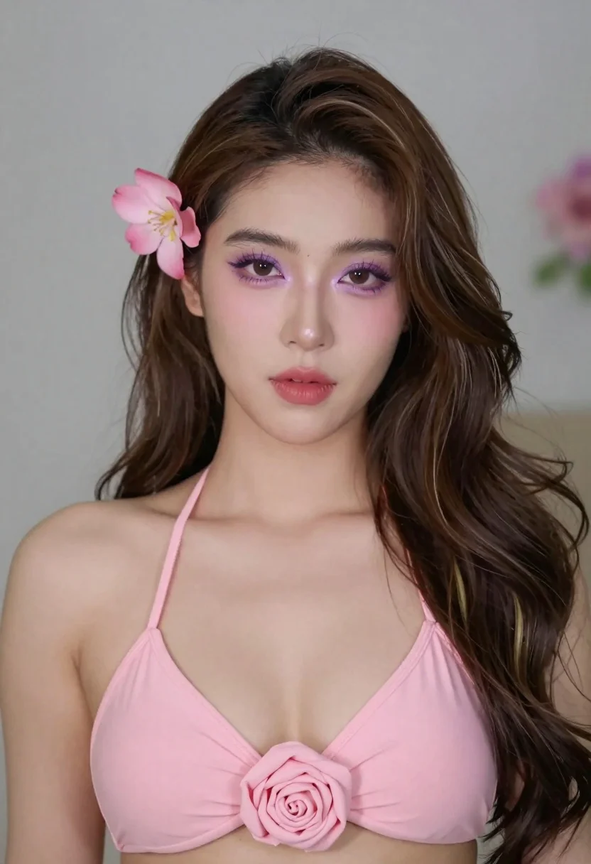 Close up portrait of woman with brown hair wearing pink bikini