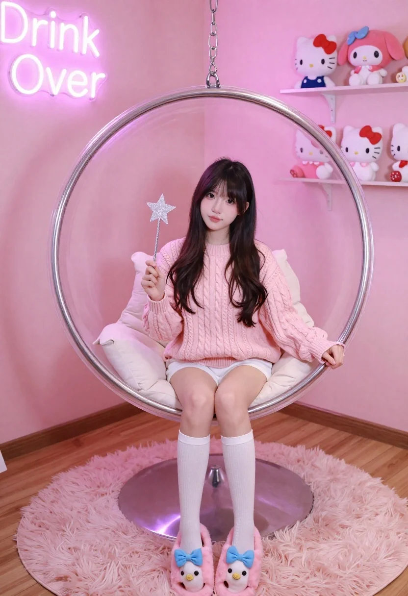 Young woman in pink sweater sitting in acrylic bubble chair - AI generated image prompt sample