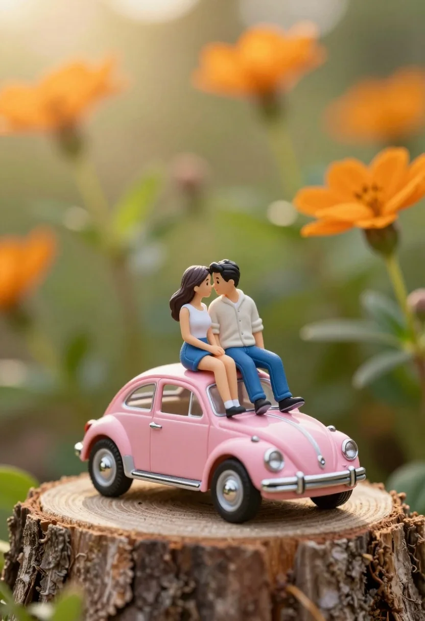 Miniature couple sitting intimately on pink beetle atop rough tree stump - AI generated image prompt sample