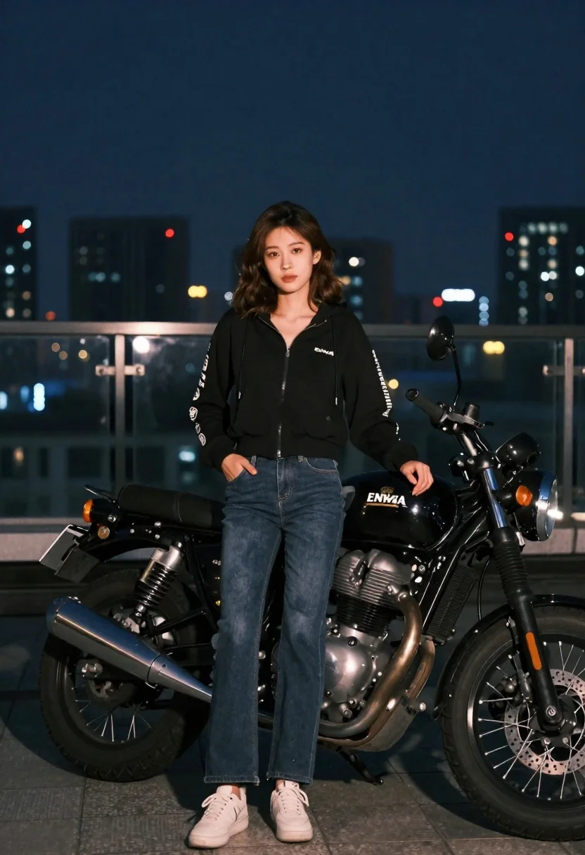 Young woman in hoodie standing next to motorcycle on rooftop at night - AI generated image prompt sample
