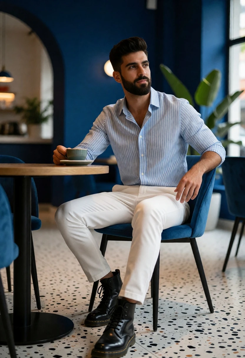 Young man seated at cafe table in stylish interior with natural light - AI generated image prompt sample