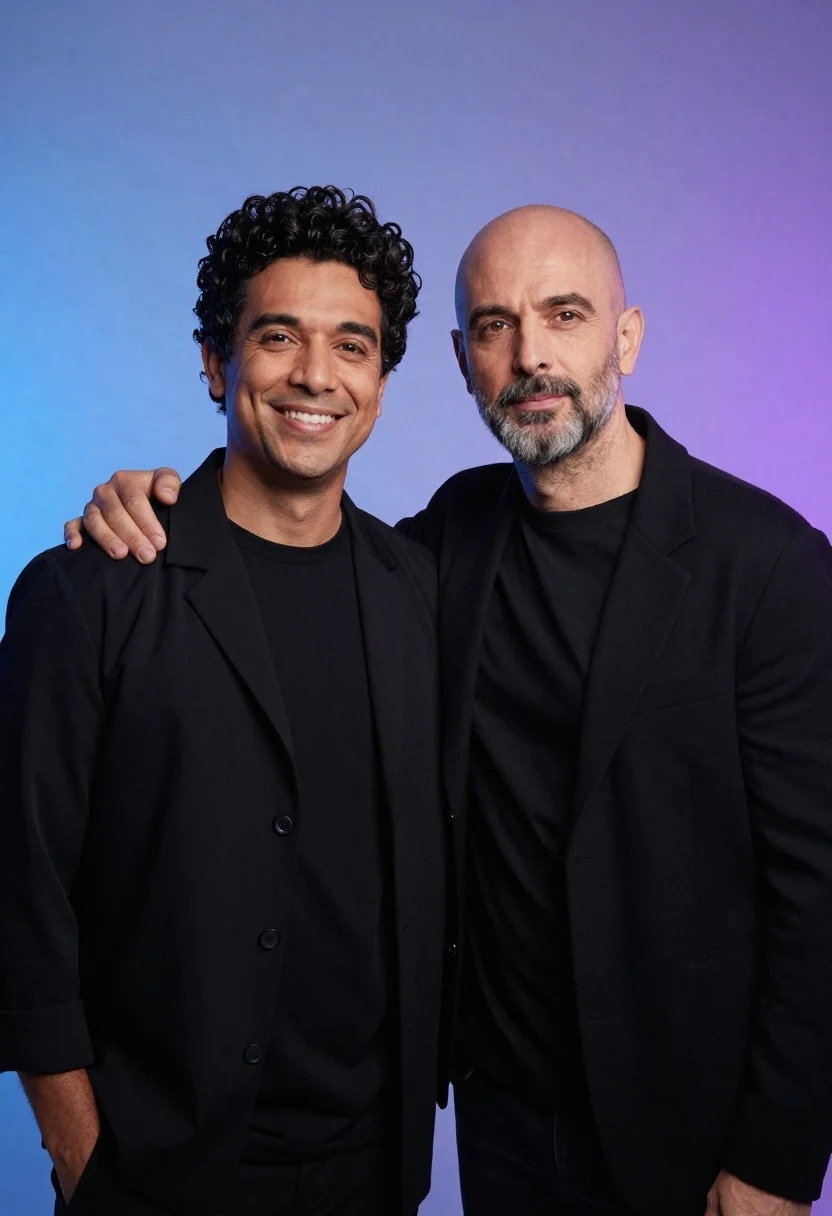 Two men in black shirts against a blue purple gradient