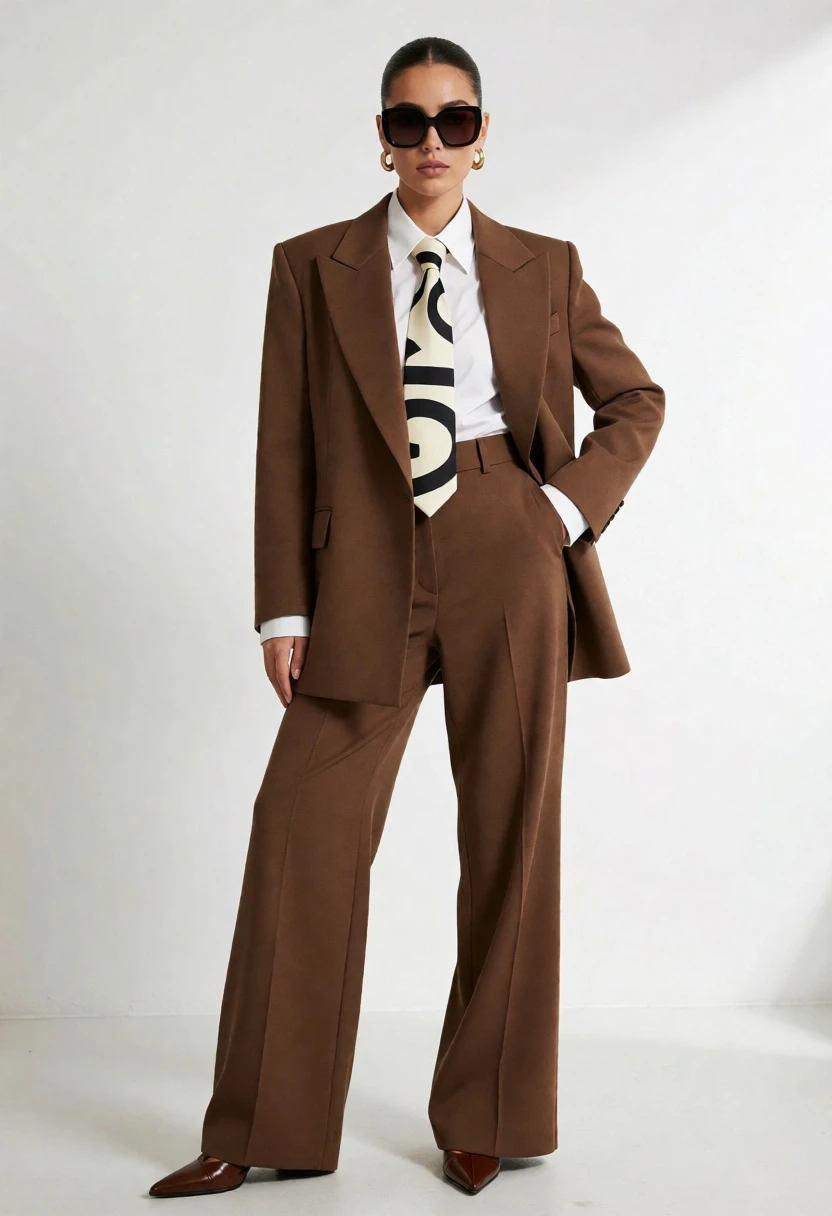 Full body shot of woman in stylish brown suit against white studio - AI generated image prompt sample