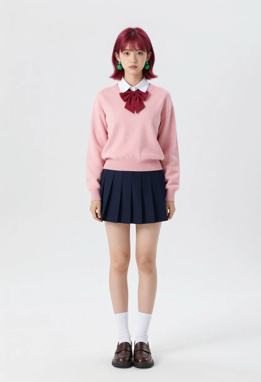 Full body shot of young woman in pink sweater and blue skirt - AI generated image prompt sample