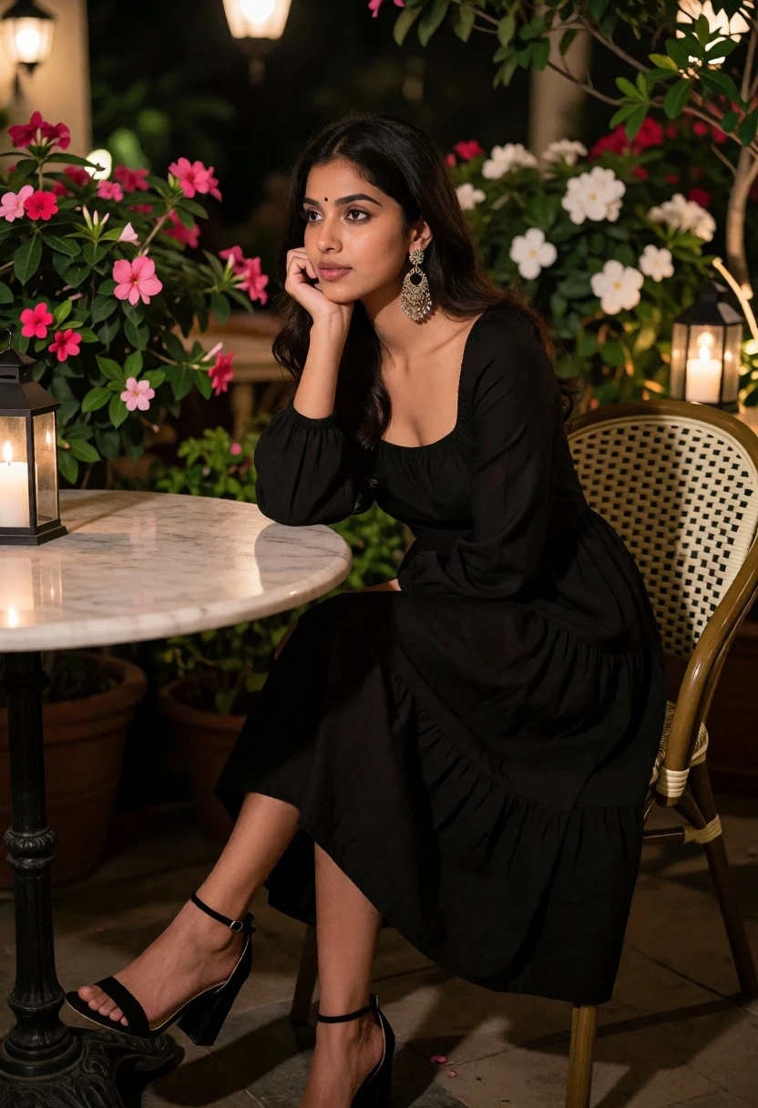 Young woman seated at marble table surrounded by lush greenery evening light - AI generated image prompt sample