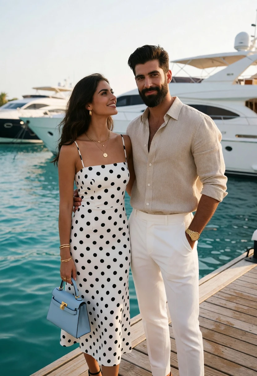 Stylish couple on wooden dock by turquoise water with luxury yachts - AI generated image prompt sample