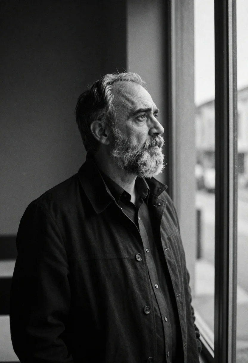 Middleaged man looking out window in black and white - AI generated image prompt sample