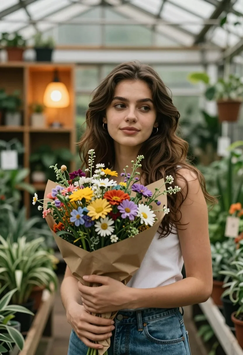 Young woman with wildflowers in a lush greenhouse setting - AI generated image prompt sample