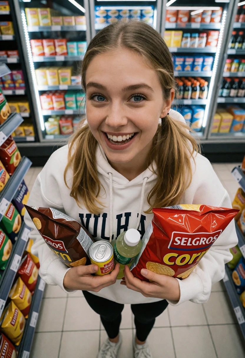 Young woman smiling with snacks in a brightly lit supermarket aisle - AI generated image prompt sample