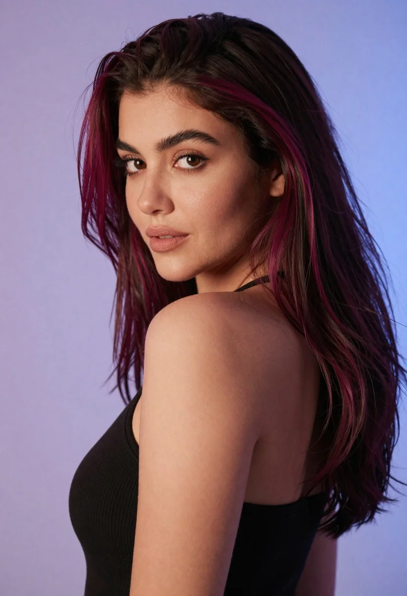 Close up portrait of woman with dark magenta highlighted hair looking over