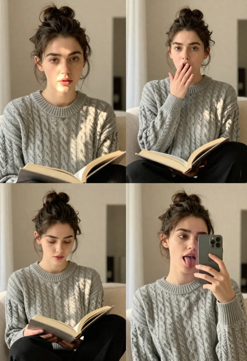 Collage of four candid portraits of young woman in cozy indoor setting - AI generated image prompt sample