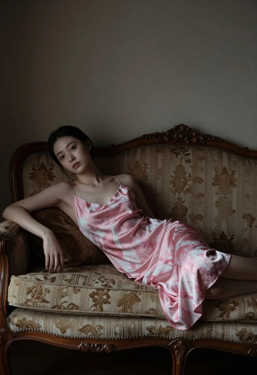 Young woman in pink tiedye slip dress reclining on ornate vintage sofa - AI generated image prompt sample