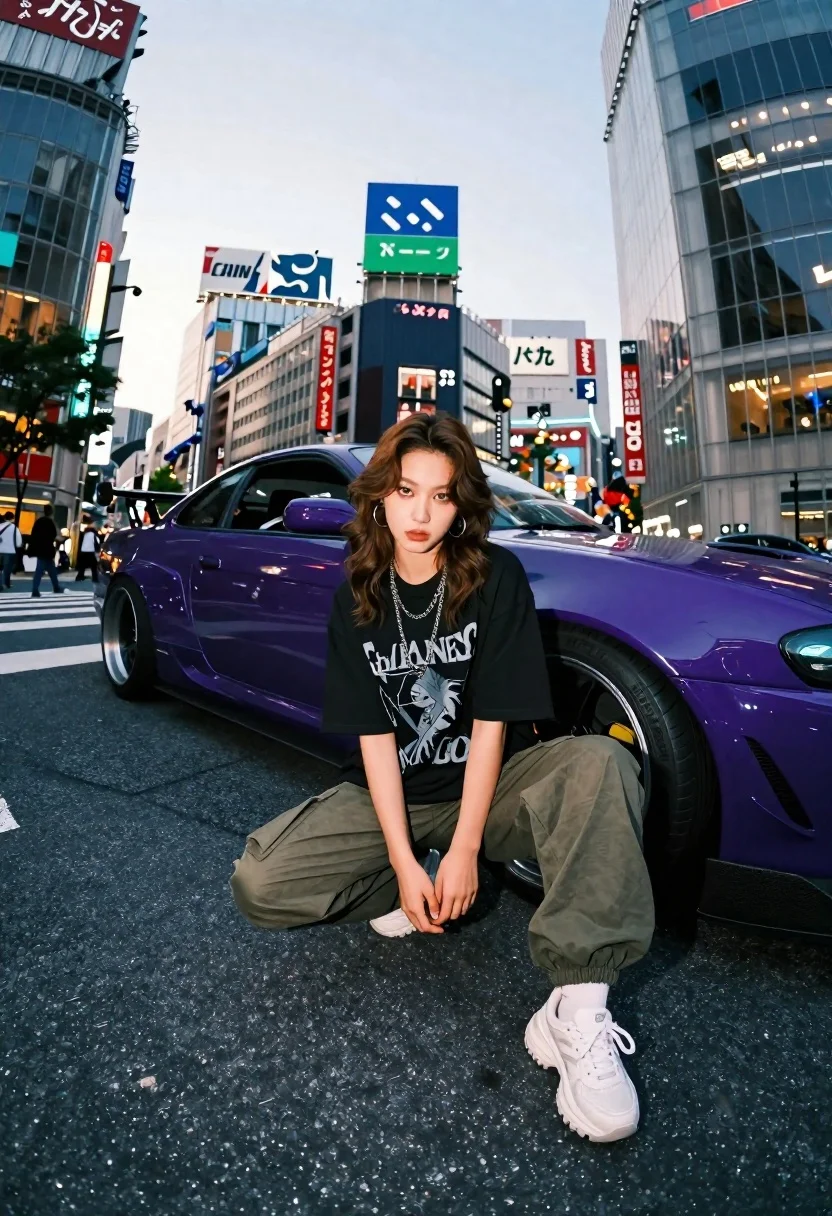 Young woman in oversized shirt crouching by purple car in city - AI generated image prompt sample