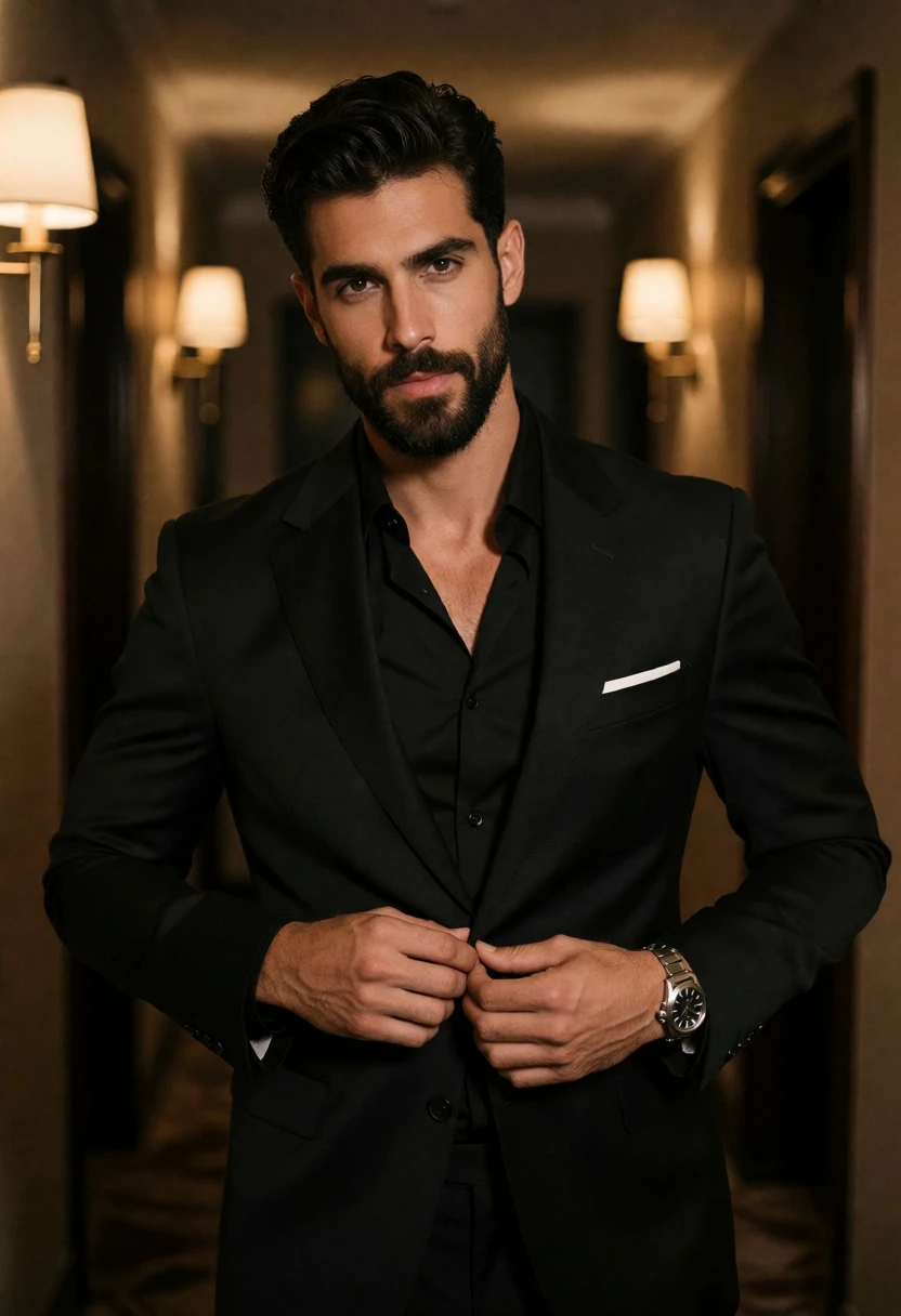 Handsome man buttoning black suit jacket in dimly lit hallway portrait - AI generated image prompt sample
