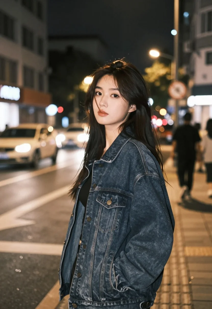 Young woman in dark denim jacket standing on a city street at - AI generated image prompt sample