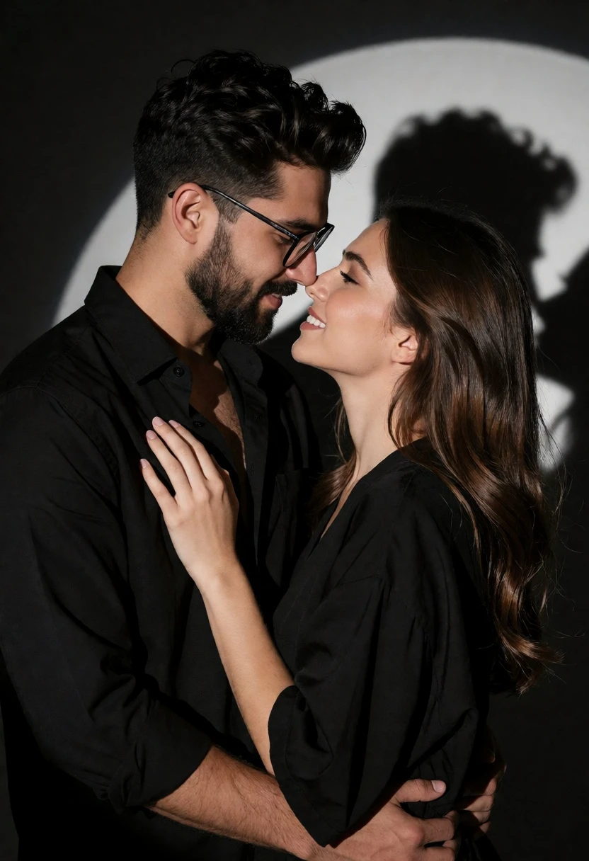 Romantic couple embrace in dark studio setting with circular shadow light - AI generated image prompt sample