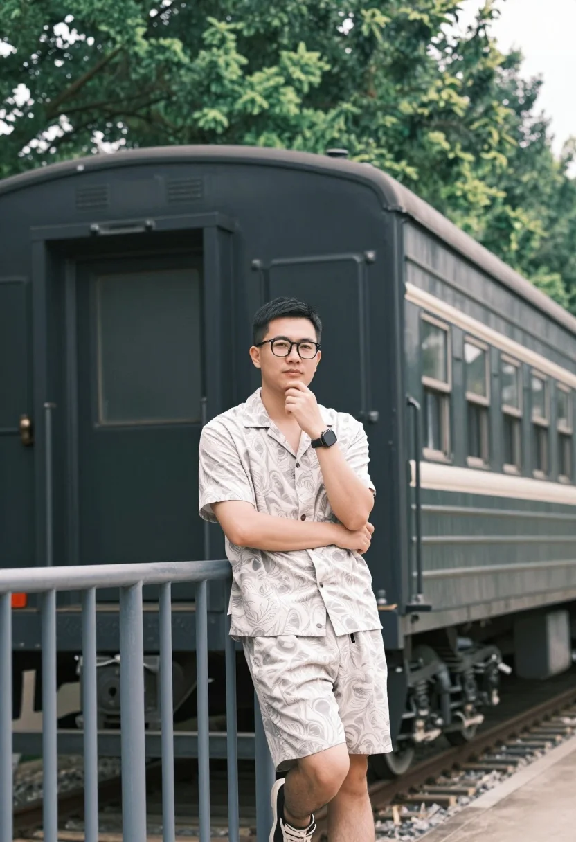 Man leaning on railing near old train carriage with blurred forest background - AI generated image prompt sample