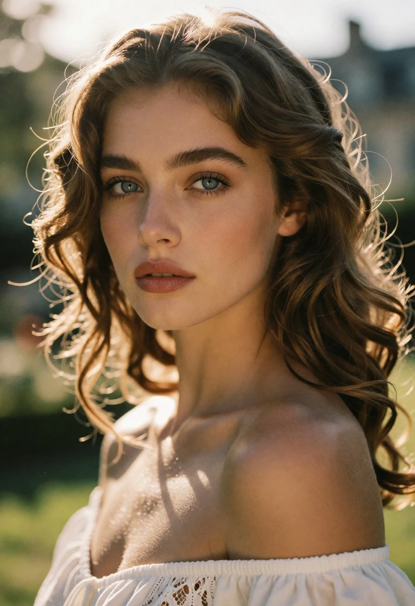 Close up portrait of young woman with brown hair outdoors at golden - AI generated image prompt sample