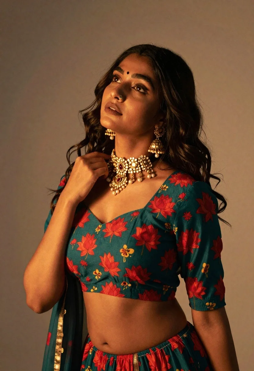 Young woman in traditional indian outfit touching ornate necklace on soft background